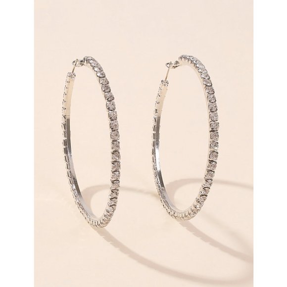 Large Silver Rhinestone Hoop Earrings Y2K Jewelry Glam Crystal Bling party - Picture 2 of 3